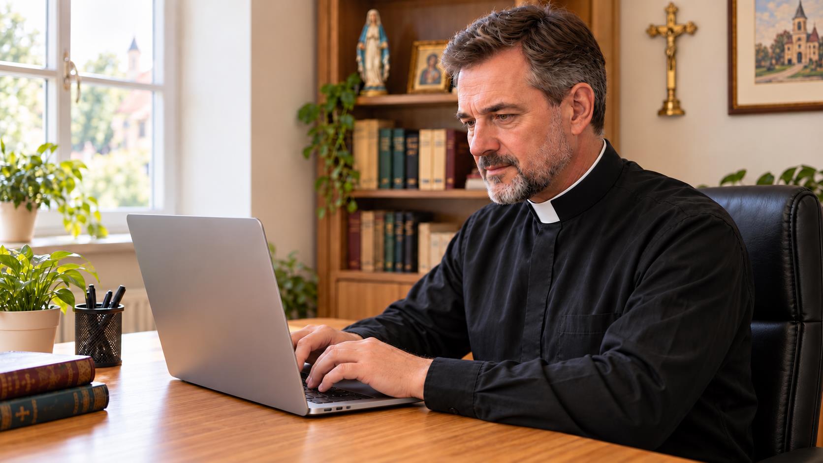 Ksiądz z widoczną koloratką pracujący obiema rękami na klawiaturze laptopa